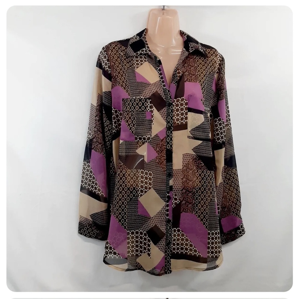 Pleione Top Blouse Shirt Women Size L Multicolor Chiffon Long Sleeve Button Up